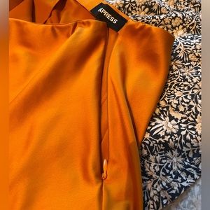 Orange Silky Midi-Length Skirt